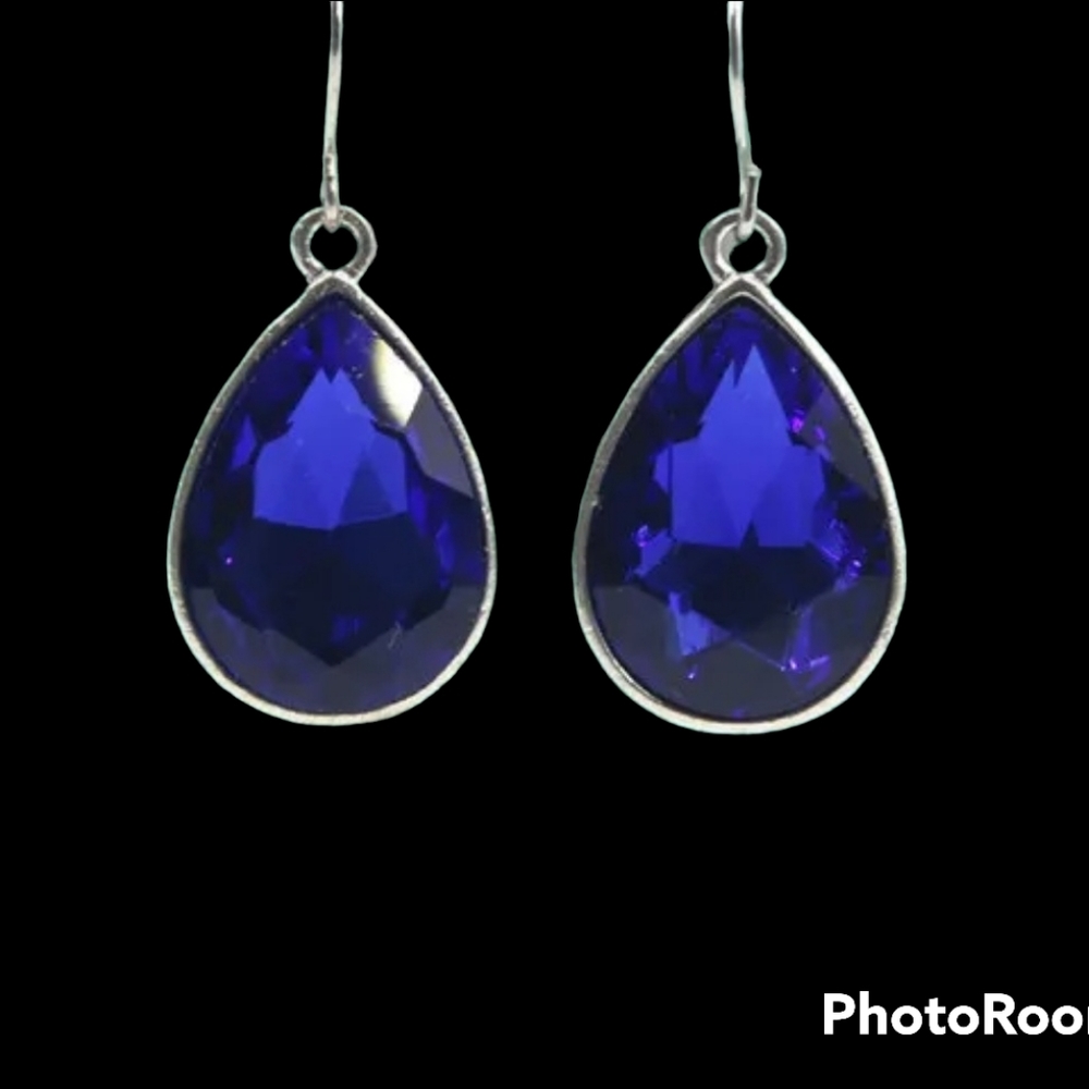 Sapphire Blue Crystal Teardrop Silver Tone Earrings